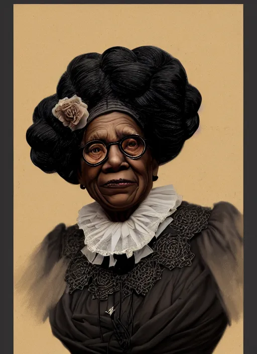 Image similar to a portrait of an old black woman with a crooked nose in victorian clothing, confident pose, intricate, elegant, sharp focus, illustration, highly detailed, concept art, matte, trending on artstation, anime, art by james jean and artgerm and brian despain and alberto mielgo, greg rutkowski, wlop, ilya kuvshinov, strong strokes