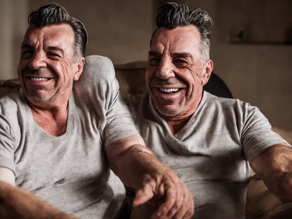 Image similar to close - up photo of a till lindemann sits on the couch with grandmother both laughing, natural lighting, wide lens, 4 k