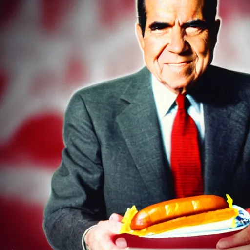 Image similar to Richard Nixon eating a hotdog, hyper realistic, HD, HQ, photo realistic