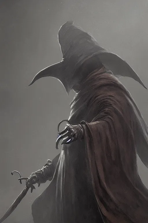 Image similar to A closeup of a Plague Doctor by Greg Rutkowski, Bloodborne, 4k photorealistic, volumetric lighting, HD, high details, dramatic, dark atmosphere, trending on artstation