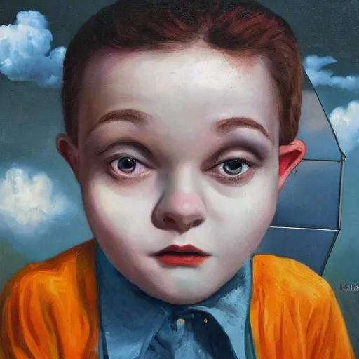 Prompt: a surreal young boy portrait with porcelain face and big eyes, sourrounded by solar panels, dressed in a vintage shirt, conceptual art, oil fantasy painting, hyperdetailed, dramatic light, 8 k