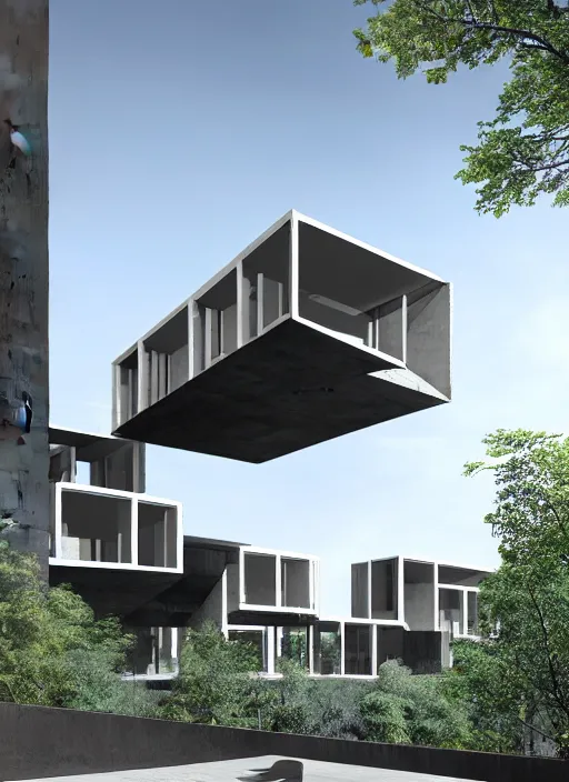 Prompt: architectural rendering, brutalism interior like habitat 6 7, using modern material like steel + concrete + glass, biophilia