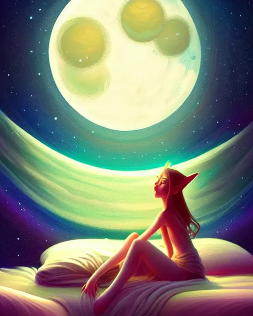 Prompt: beautiful painting of a elven sleeping on her bed with a smiling moon over her, art by mike winkelmann and by petros afshar, sky night, illustration, highly detailed, simple, smooth and clean vector curves, no jagged lines, vector art, smooth, artstation