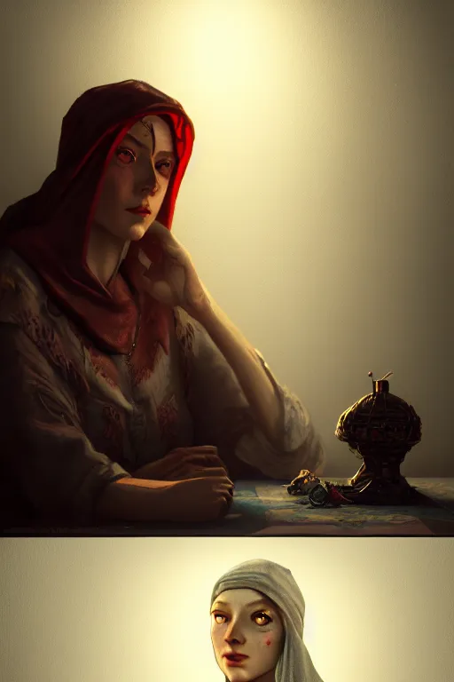 Image similar to the fortune teller, illustration, soft lighting, soft details, dark mood, painting oil on canvas by Cedric Peyravernay octane render trending on artstation d&d characters, 4k, 8k, HD