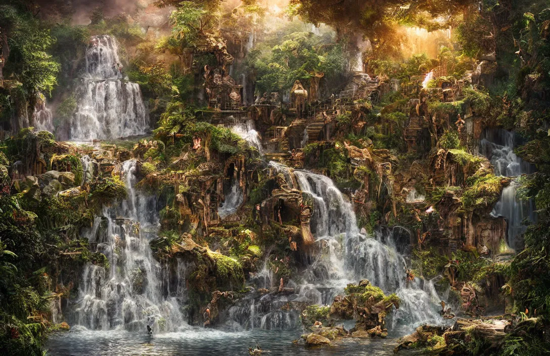 Image similar to a highly detailed textured waterfall, detailed dreamscape, hyperreal phantastic, intricate details in environment, golden ratio, high aestehtic, cinematic light dramatic light, lightrays, distance, photobash, wideangle, hyperreal 4 k