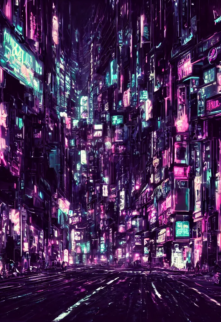Image similar to concept art of a magnificent dark neon futuristic cyberpunk city bustling street at night cyberart in the style of liam wong, dramatic and moody, masterpiece, 8 k, high resolution, film grain