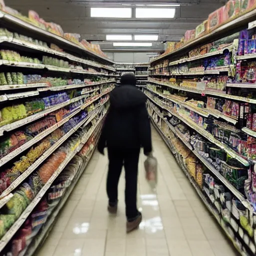 Prompt: a liminal grocery store with a tall dark ominous figure standing between the aisle, liminal, highly detailed