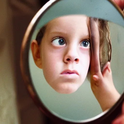 Prompt: photo of girl looking herself in a broken mirror, close, detailed, by annie leibovitz