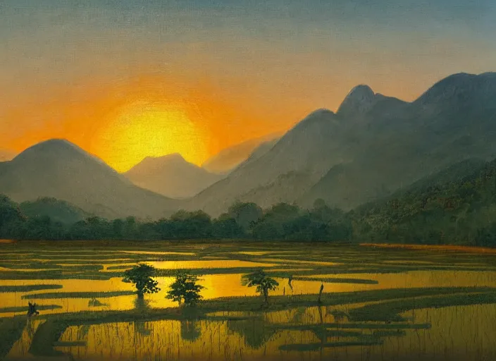 Image similar to painting of a rice paddy with two big mountains in the background, an asphalt road in the middle of paddy, big yellow sun rising between the mountain, old master masterpiece