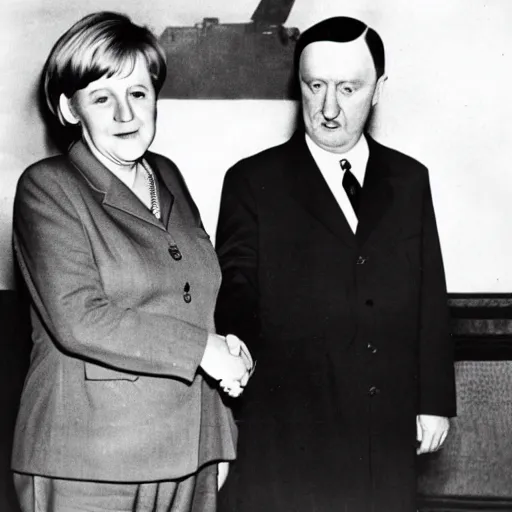 Image similar to chanceler merkel and hitler shaking hands with a mushroom cloud in the background, press photo