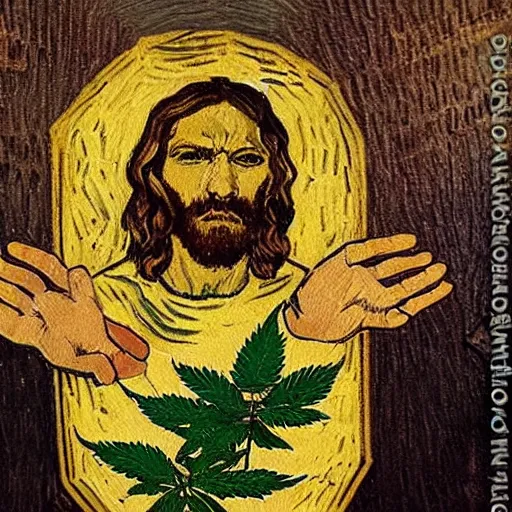 Image similar to jesus spreads his hands against the background of growing cannabis. an oil painting in the style of van gogh