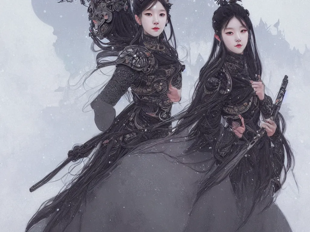 Prompt: portrait jisoo blackpink, grey hair armored samurai clothes, in torii black magic snowy night, ssci - fi and fantasy, intricate and very very beautiful and elegant, digital painting, artstation, concept art, smooth, illustration, art by tian zi and wlop and alphonse mucha