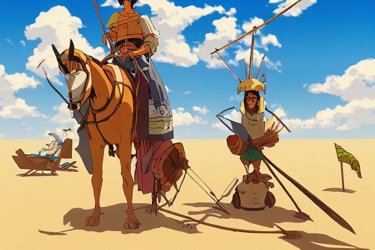 Prompt: don quijote in the beach. 4 k digital paint by studio ghibli hayao miyazaki. very sharp and detailed. trending on artstation and behance.