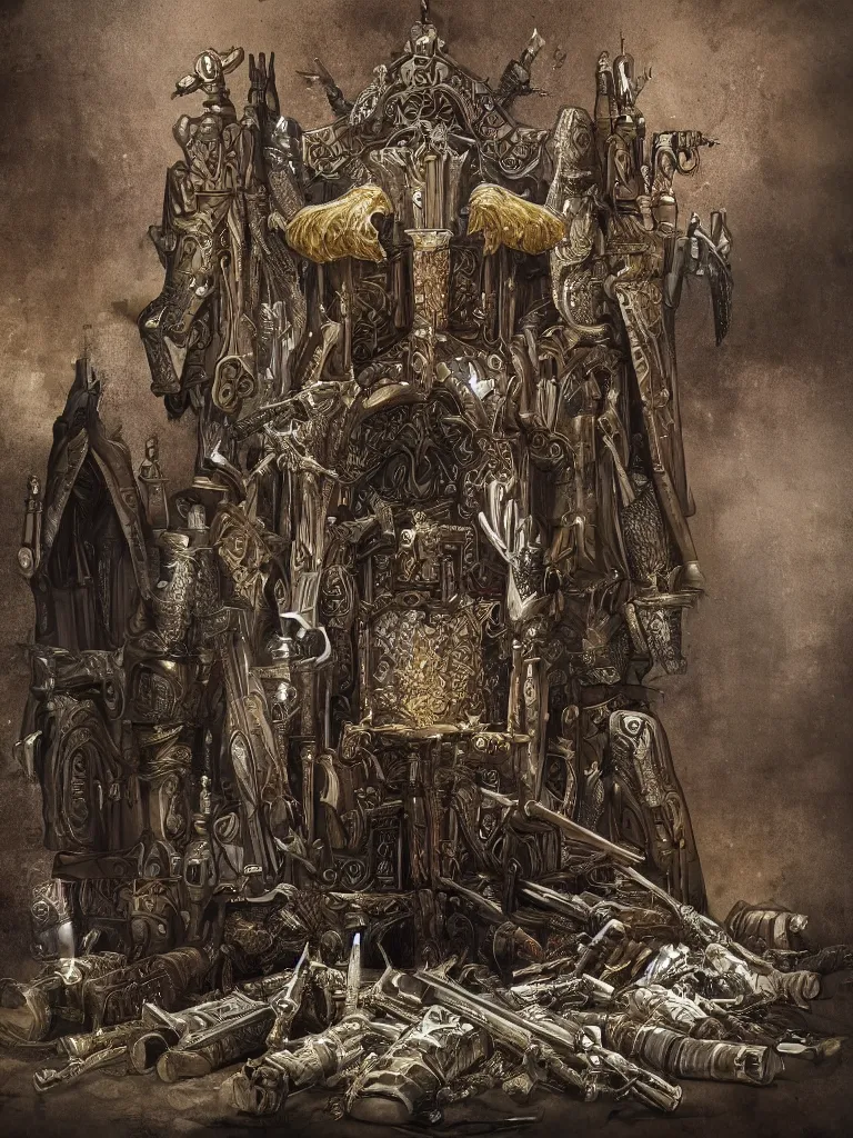 Image similar to throne made of rifles, shotguns, revolvers and bullets in a medieval castle, ultrarealistic, intricate details, 4k, concept art, dark fantasy