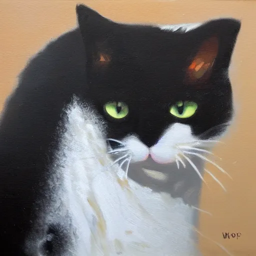 Prompt: a cat with black and white fur, missing it\'s right eye, oil painting, WOLP