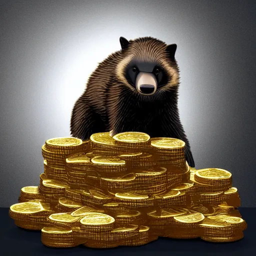Prompt: a honey badger sitting on a large pile of gold coins, animated, digital art, trending on artstation, 4 k