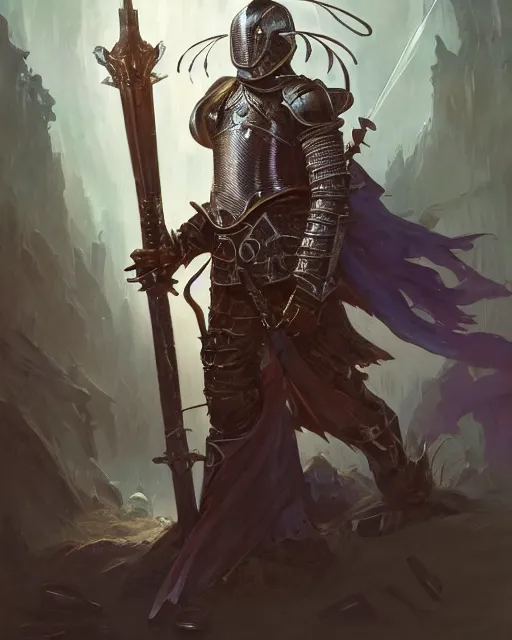 Image similar to mtg character portrait of a knight, with spiked helmet, weilding large 2 handed sword, wearing metal lamallar armor, by peter mohrbacher, wadim kashin, greg rutkowski, larry elmore, george pemba, ernie barnes, raymond swanland, magali villeneuve, trending on artstation