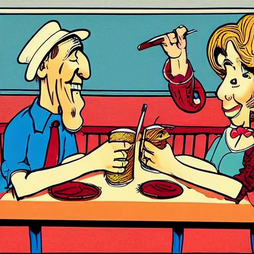 Prompt: caricature by robert crumb, an uneven couple character sitting at a table in diner : : graphic art on a plain background, subdued colors, detailed drawing