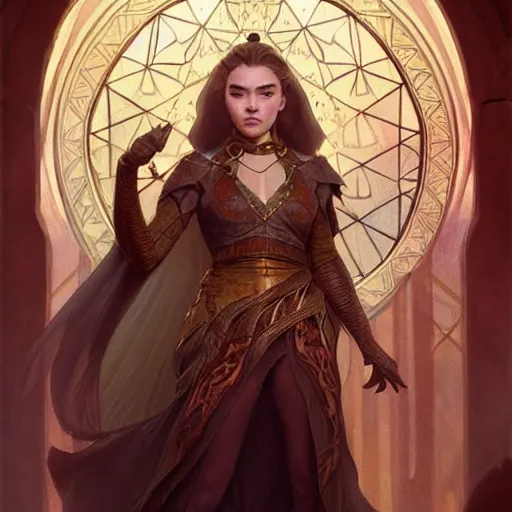 Prompt: Florence Pugh as a fantasy sorceress, D&D, fantasy, intricate, elegant, highly detailed, digital painting, artstation, concept art, matte, sharp focus, illustration, art by Artgerm and Greg Rutkowski and Alphonse Mucha