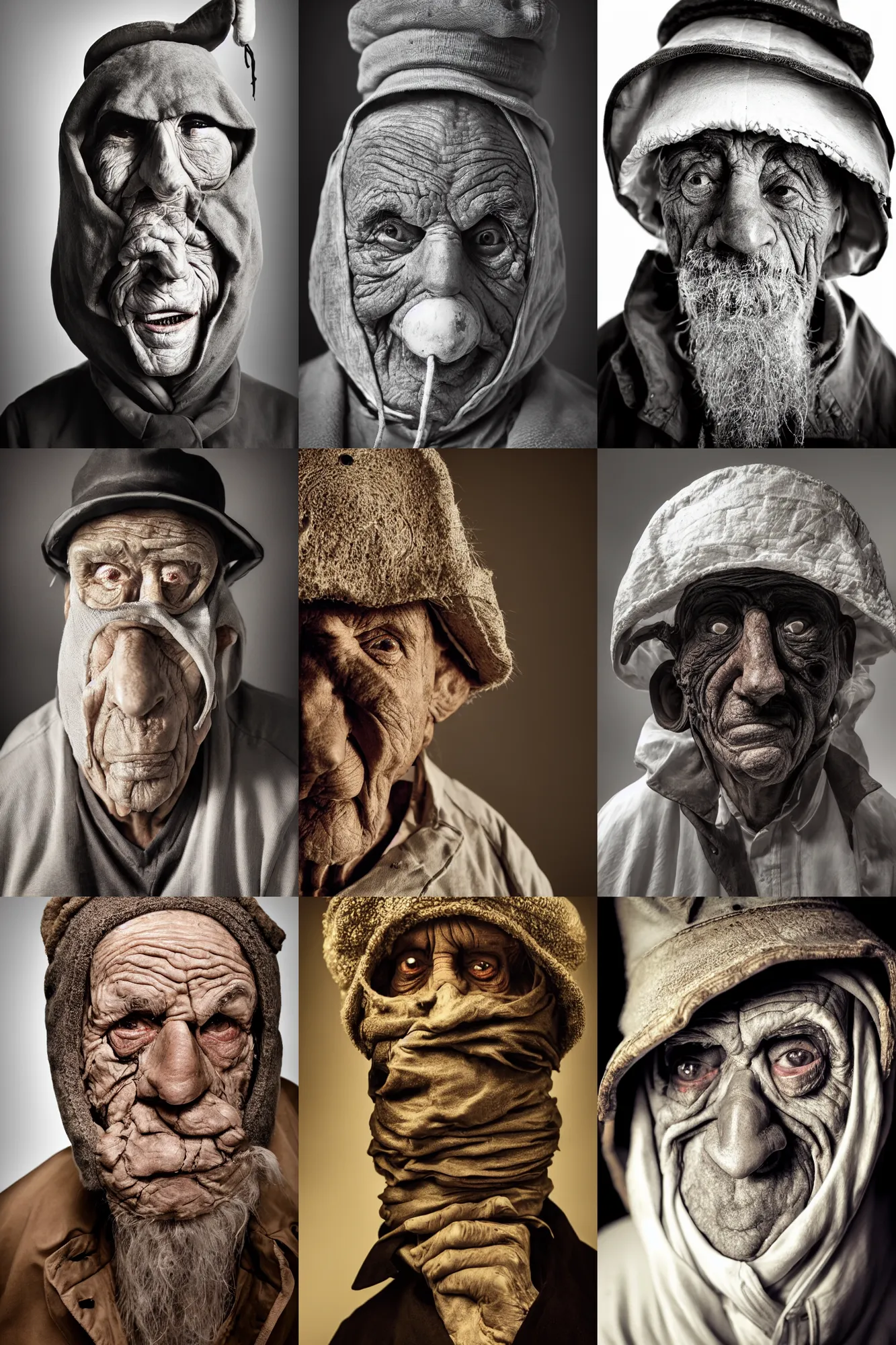 Prompt: high contrast studio close - up portrait of a wrinkled old man wearing a pulcinella mask, clear eyes looking into camera, baggy clothing and hat, backlit, dark mood, nikon, photo by jimmy nelson, masterpiece