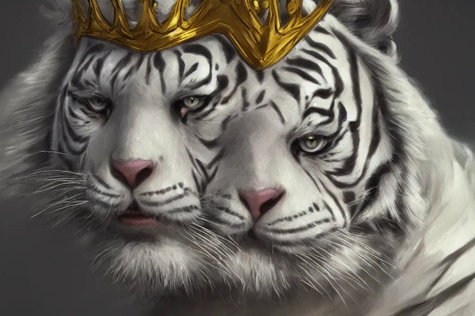 Image similar to artwork of a white tiger king with gold crown and blue king suit, concept art, portrait, super detailed, 4 k hd, trending on artstation, digital painted, low contrast, made by greg rutkowski and viktoria gavrilenko