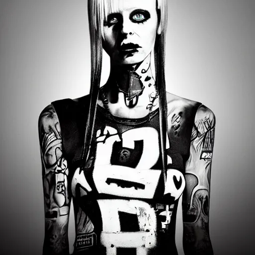 Image similar to die antwoord chappie, back and white, zef design graffiti in the background, dark lighting, digital art