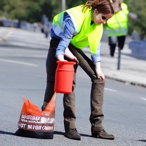 Image similar to emma watson in a hi vis vest picking up trash on the side of the road. midday sun,