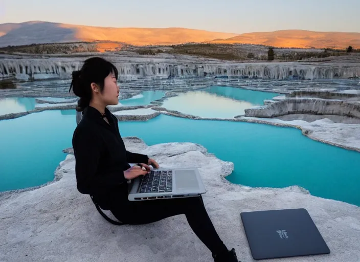 Image similar to Lee Jin-Eun hacking a laptop at Pamukkale by WLOP, rule of thirds, seductive look, beautiful, masterpiece, Refined