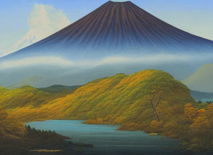 Image similar to fuji - hakone - izu national parks, japan in the style of hudson river school of art, oil on canvas