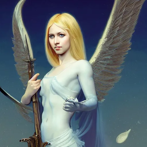 Prompt: A beautiful digital painting of a female angel with blonde hair and a sword in her hand, princess, the moon behind her, D&D, fantasy, intricate, cinematic lighting, highly detailed, digital painting, Artstation, concept art, smooth, sharp focus, illustration, art by Artgerm and Greg Rutkowski, Alphonse Mucha and charlie bowater