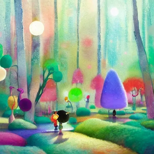 Prompt: a matte digital painting of a candy forest at night, bokeh, bright colours, watercolor, volumetric wool felting, macro photography, children illustration, by goro fujita