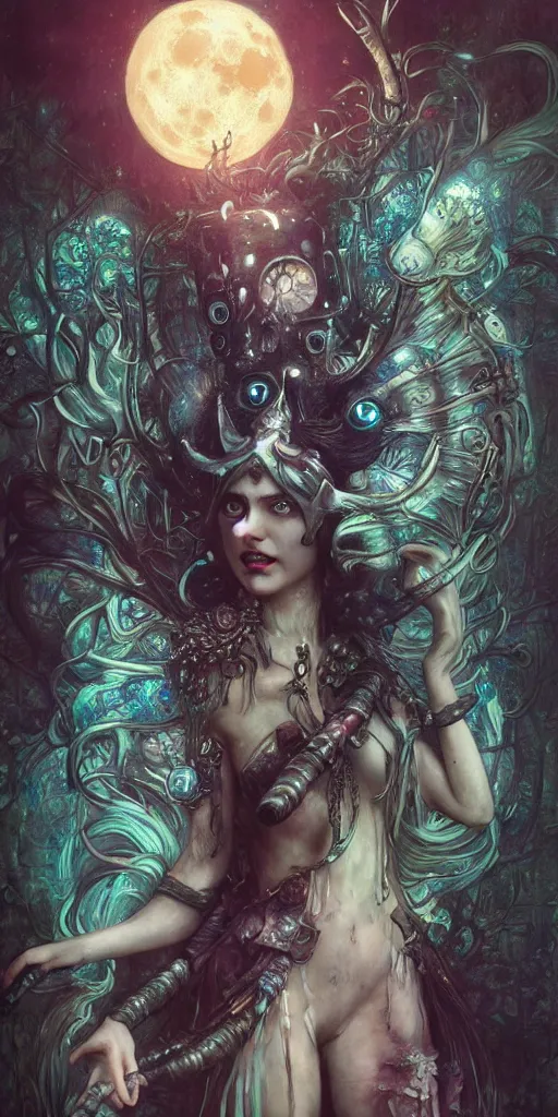 Image similar to hyper realistic Princess Mononoke attacking luminescent ghost, ornate mask, wet market street, cyberpunk metropolis, city landscape, jewels, full body pose, full moon, style of tom bagshaw, mucha, james gurney, norman rockwell, denoised, sharp