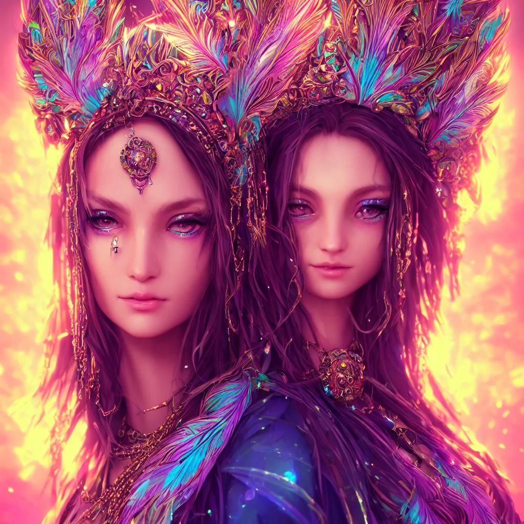 Image similar to portrait highly detailed beautiful symmetrical face high priestess intricate elegant detailed crystal jewellery with tribal feathers, lush colourful volumetric lighting, anime digital painting, concept art, smooth, sharp focus 3 d, divine realm of gods, realistic cinematic style, octane render, photographic, unreal engine 8 k