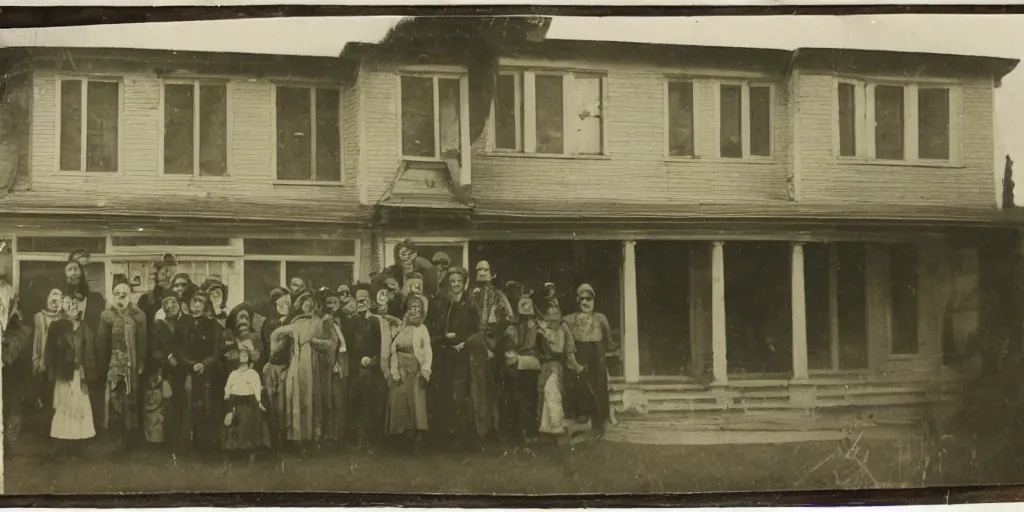 Image similar to a tintype photograph. photo of a group of people in front of the town hall house of the village and a small face of a ghost in the window of the house