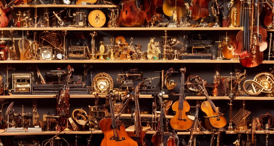 Image similar to a shelf of amazing magical musical instruments, cinematic lighting, detailed, beautiful colors, ornate 4 k