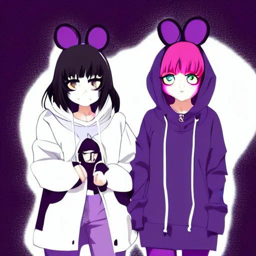 Image similar to two girls, a girl with short white hair and polar bear ears wearing an open black coat, another girl with long black hair wearinga purple hoodie with red eyes, anime key visual art, anime artystyle