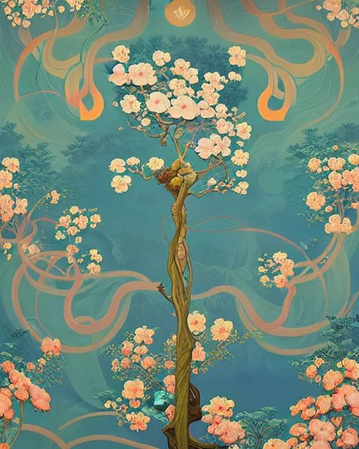 Image similar to Delaunay's floral tree wallpaper, chinoiserie pattern, peter mohrbacher, alena aenami