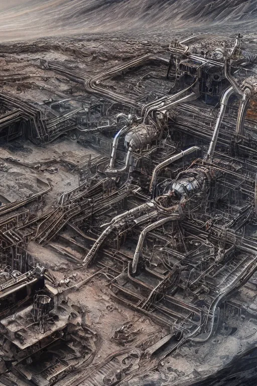 Image similar to industrial minning plant in a quarry in the middle of the desert of Mars planet concept art by yoshitaka amano and H.R. Giger, intricate detail, 8k, featured art