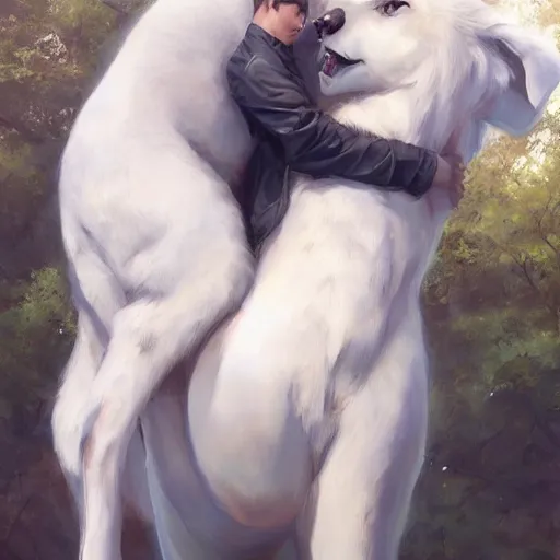 Prompt: a person hugging a large white animal, a detailed painting by krenz cushart, pixiv contest winner, fantasy art, official art, detailed painting, pixiv. highly detailed. 4 k masterpiece. unreal engine. photorealistic. realism. cinematic. photorealism. wideshot. coherent.