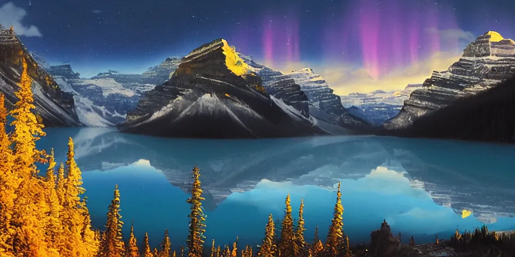 Prompt: a matte painting of Lake Louise in fall, moonlight, northern lights, highly detailed, artstation