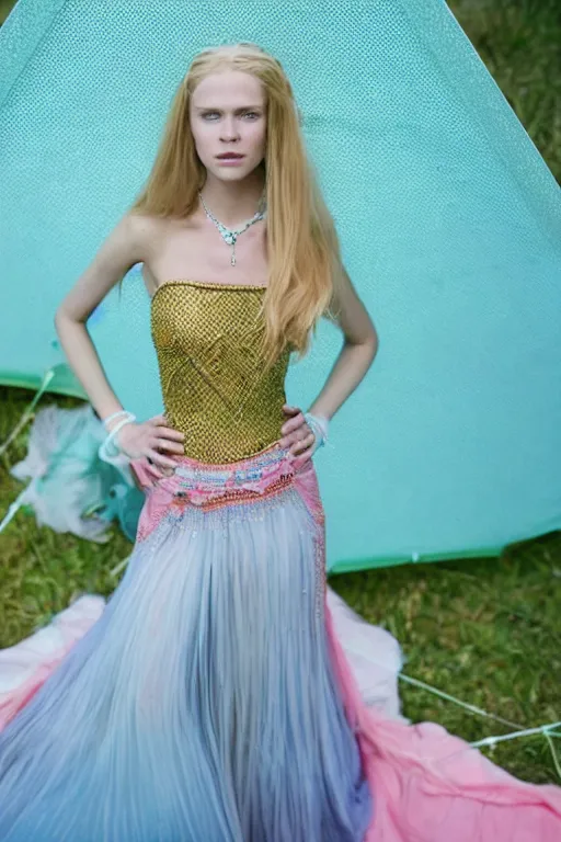 Image similar to a princess with long blonde hair and light blue eyes wearing a strapless elaborately beaded pink dress standing next to a green popup camping tent, high resolution film still, 8k, HDR color, film by Simon Langton and David Frankel, triangular face, very light freckles, round narrow chin, straight jawline, natural lips, high cheekbones, beautiful gazing eyes, green outdoor camping tent, pink tiara