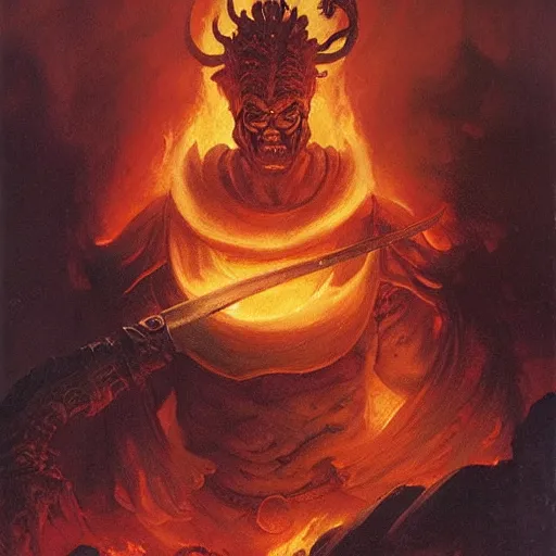 Image similar to head and shoulders portrait of a helmed fire giant with a giant sword wreathed in flame, d & d, fantasy, greg rutkowski, frank frazetta, alexandre chaudret, boris vallejo, michael whelan, miro petrov, hr giger, magali villeneuve, donato giancola