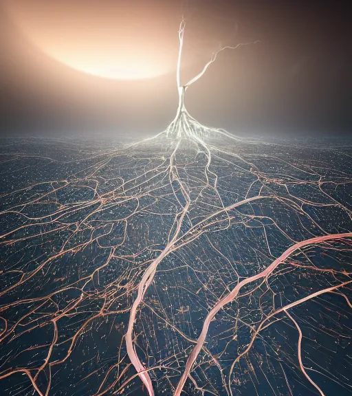 Image similar to surreal neuron city tower, breaking the waves, made of crystalized synapse, aerial iridecent veins, moonbow, in the desert, foggy sky, dark starry night, octane render, unreal engine, pale colors, high detail, 8 k, wide angle, trending on artstation, behance