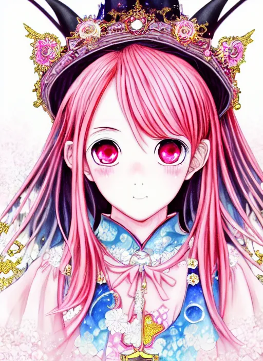 Prompt: japanese anime portrait of a beautiful witch, pink hair, rococo dress, shinny star, cloak, royally decorated crystal gemstones, symmetrical face, portrait, cute, fairy, by mai yoneyama, artgerm, takeshi obata, pixiv, detailed background, artstation, intricate, elegant, highly detailed, colorful, maximalist