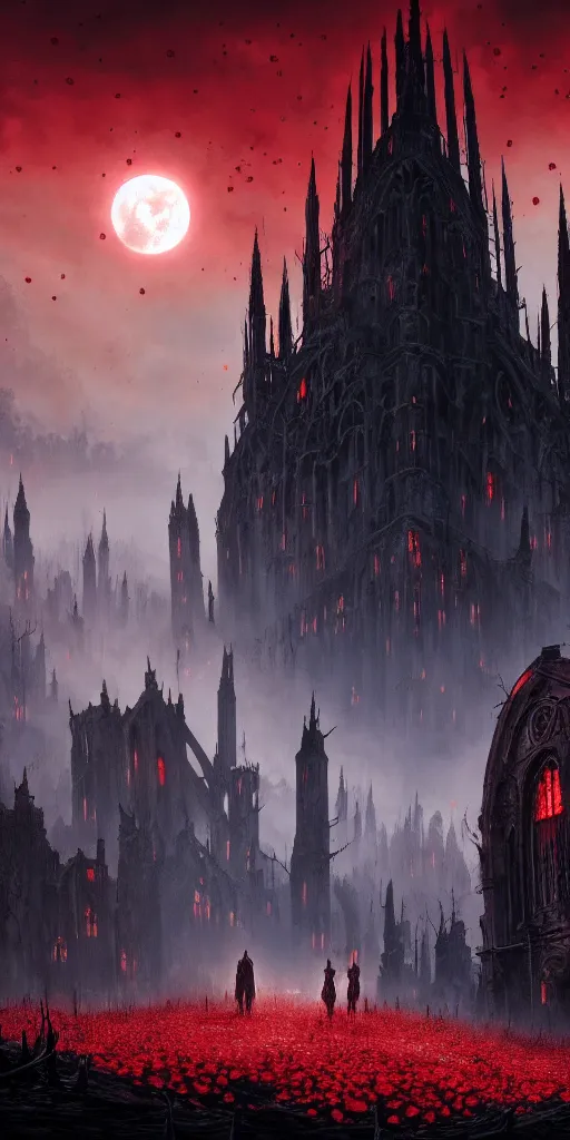 Image similar to populated bloodborne old valley with a dark person at the centre and a ruined gothic city in the background, trees and stars in the background, falling red petals, epic red - orange moonlight, perfect lightning, wallpaper illustration by niko delort and kentaro miura, 4 k, ultra realistic