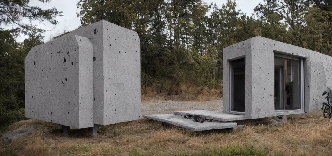 Image similar to brutalist tiny home made of stone