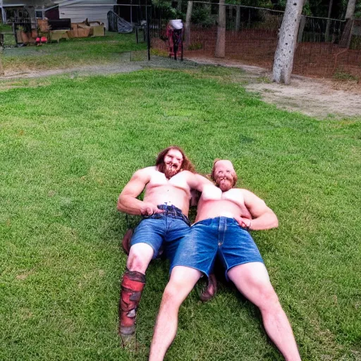 Prompt: redneck conjoined twins backyard wrestling