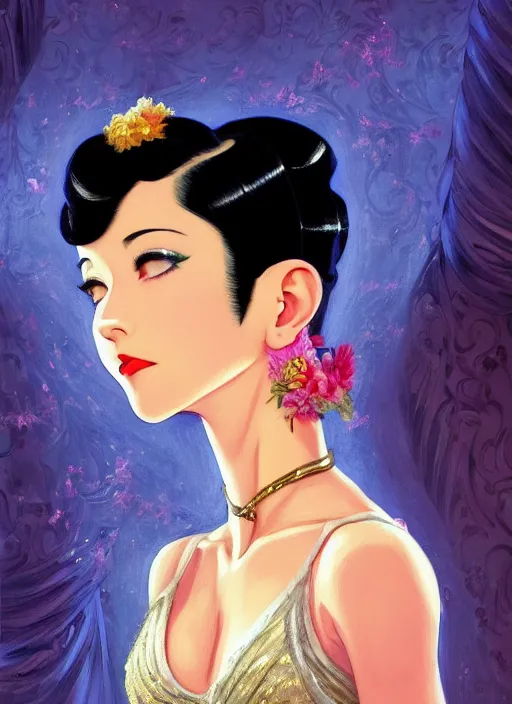 Image similar to a beautiful dancer with black hair in 1930's fashion, ballroom background, intricate, highly detailed, digital painting, artstation, official media, anime key visual, concept art, rich vivid colors, ambient lighting, sharp focus, illustration, art by Artgerm, Makoto Shinkai, Ilya Kuvshinov, Lois Van Baarle, and Rossdraws