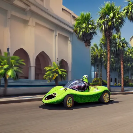 Image similar to illustration of kermit the frog driving in marrakech, morocco, palm trees, 8 k, octane render, hyperdetailed, illustration, oil painting