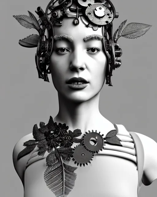 Image similar to monochrome 3 d model, 1 9 4 0 picture, floral silver steampunk biomechanical beautiful young female cyborg with porcelain profile face and a techno eye, volumetric light, leaves foliage and stems, hibiscus flowers, sinuous fine roots, fine foliage lace, alexander mcqueen, rim light, big gothic fashion pearl embroidered collar, octane render, 8 k